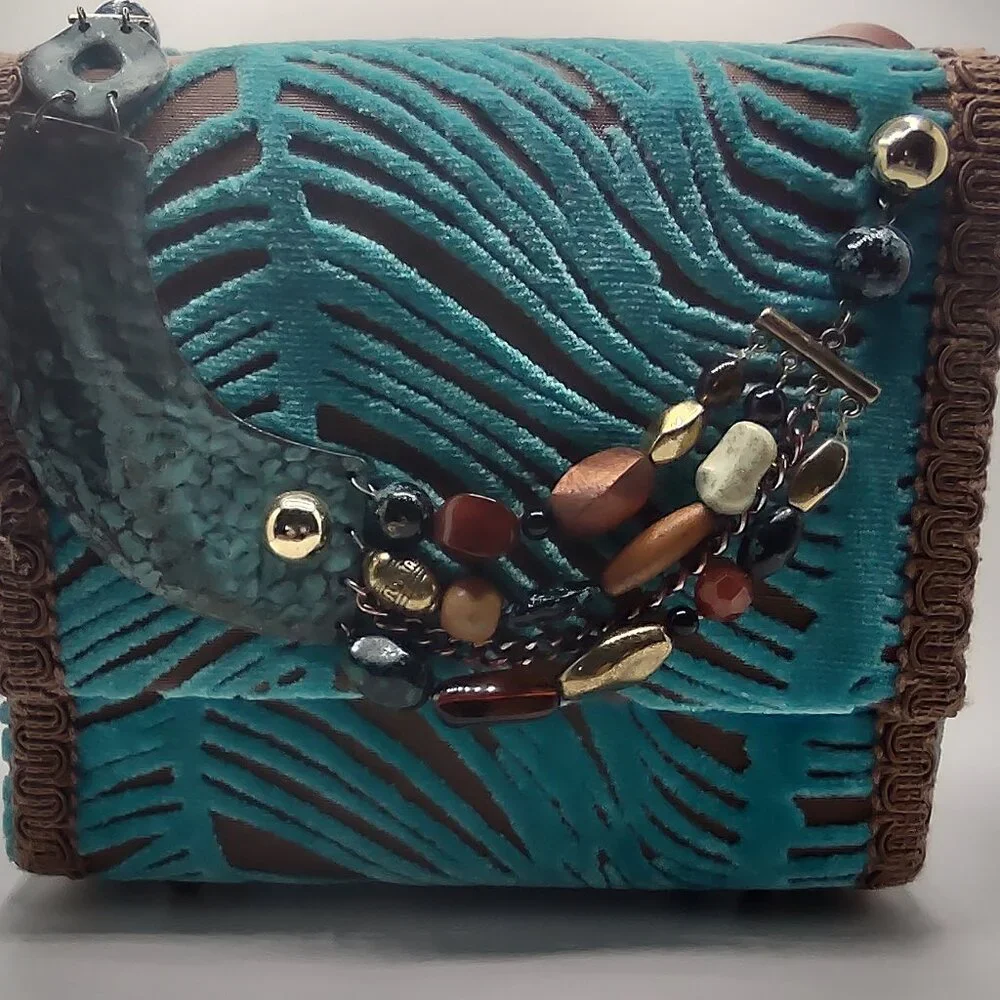 NWOT Plush Handbag Artisan-Made Turquoise/Brown w/Beads by Not Sisters Too - Picture 6 of 9